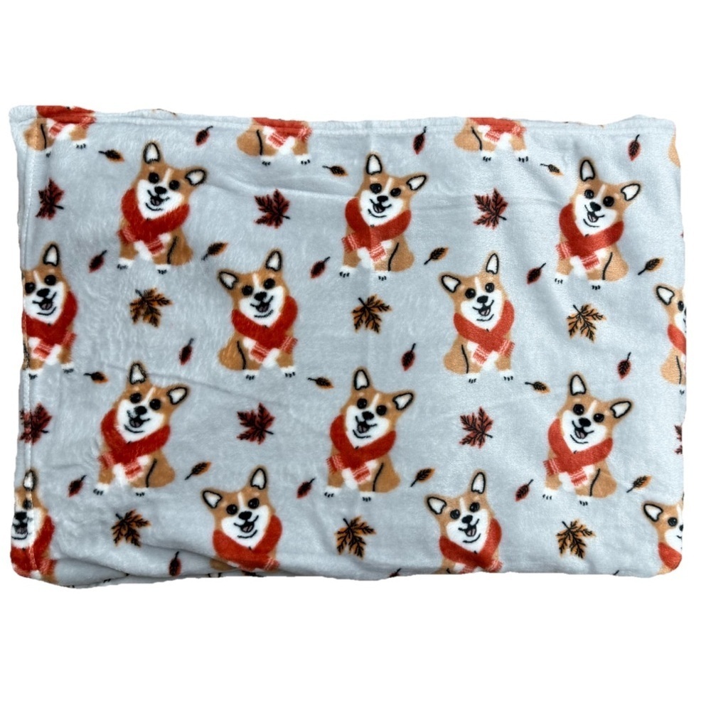 NWT Autumn Corgi Dogs Print Gray/Silver Background Ultra Plush Throw Blanket Dog